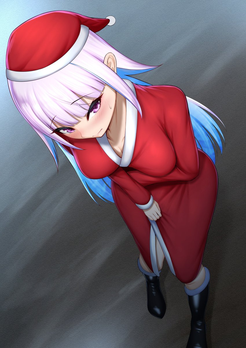 1girls blue_hair blush boots breasts embarrassed exhibitionism female lize_helesta mikage_77777 nijisanji public purple_eyes santa_costume santa_hat solo sweat two_tone_hair virtual_youtuber white_hair