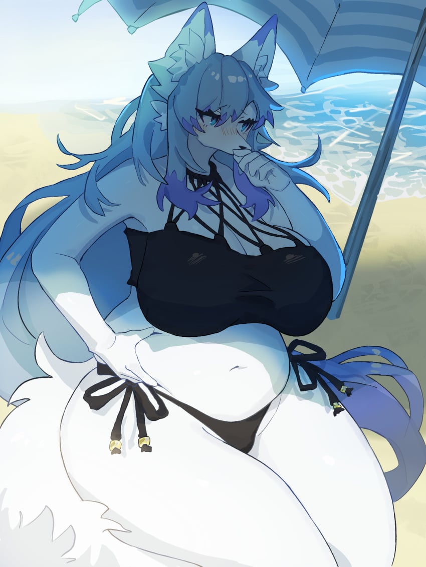 3:4 anthro baburusushi beach big_breasts bikini blue_hair blush breasts canid canine clothed clothing female female_anthro fox hair hi_res huge_breasts kemono lily_mari long_hair mammal outside seaside shy slightly_chubby solo swimwear thick_thighs two-piece_swimsuit weight_conscious