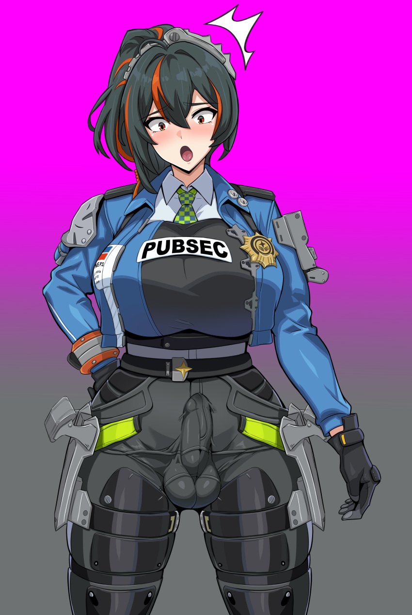 1futa :o absurd_res alternate_version_available badge big_breasts black_hair blush breasts clothed clothed_futanari cowboy_shot curvy erection_under_clothes futa_only futanari futough45 gloves gradient_background hi_res jacket medium_hair more_at_source multicolored_hair necktie open_mouth orange_eyes orange_hair penis_bulge police_uniform policewoman shocked shocked_expression skin_tight standing testicle_bulge voluptuous voluptuous_female wide_hips zenless_zone_zero zhu_yuan