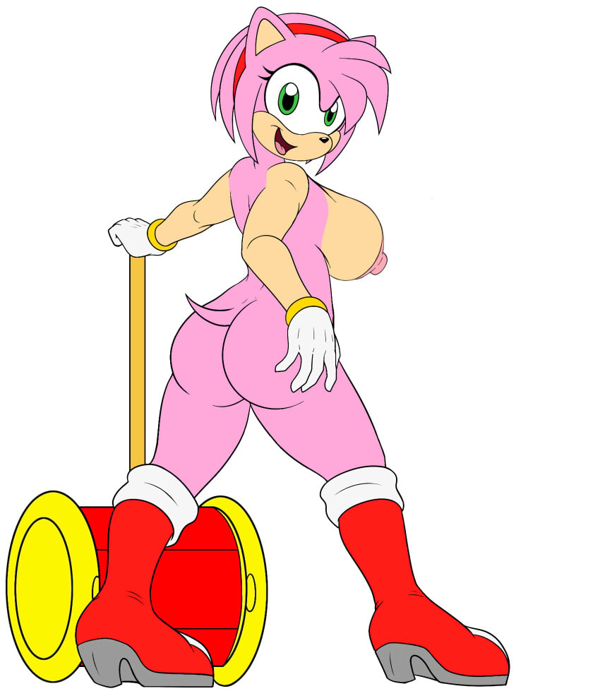 amy_rose anthro ass ass ass_focus boots breasts exposed_ass female_only gloves hammer hand_on_butt looking_at_viewer looking_back looking_back_at_viewer nice_ass nipples nude nude_female round_butt sega sideboob smiling smiling_at_viewer solo_female sonic_(series) sonic_the_hedgehog_(series) tail