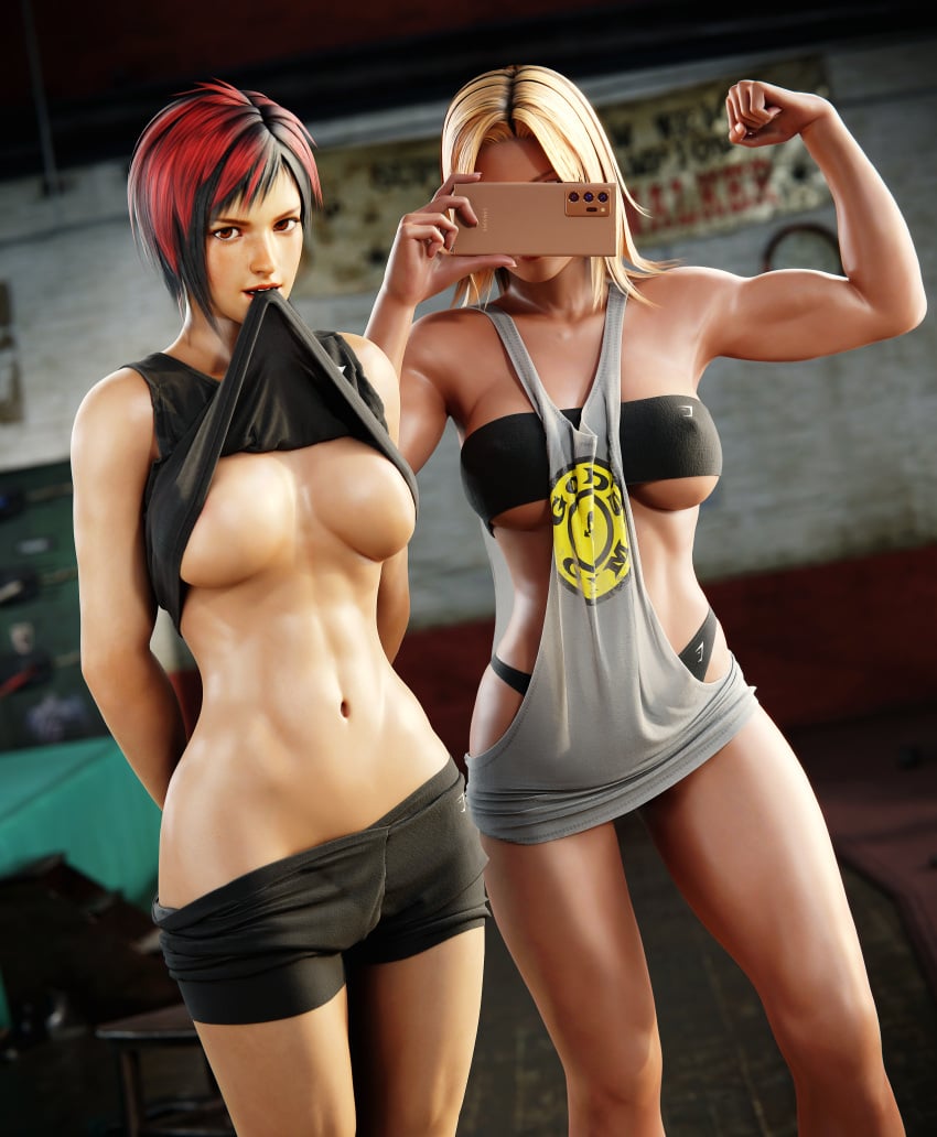 2girls 3d abs athletic athletic_female biceps big_breasts black_hair blonde_hair breasts busty cleavage dead_or_alive enslaverofhumanity female female_focus female_only fit fit_female flexing hourglass_figure long_hair mila_(doa) mirror mirror_selfie muscle_tone muscles navel phone red_hair selfie short_hair sports_bra sportswear tagme tina_armstrong tomboy toned toned_female two_tone_hair underboob wide_hips