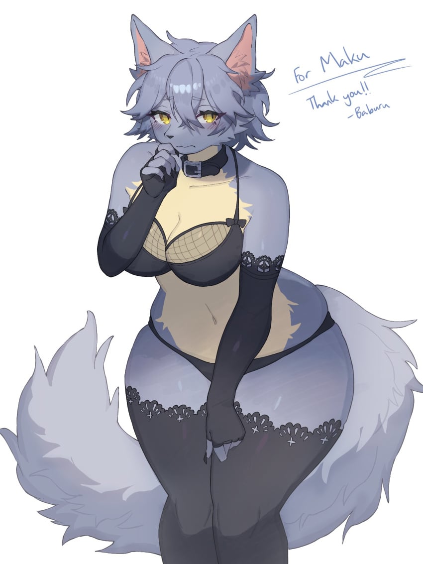 2022 3:4 anthro baburusushi black_bra black_clothing black_gloves black_handwear black_nose black_underwear blue_body blue_fur blue_hair blush bra breasts canid canine canis clothing collar dialogue digital_media_(artwork) embarrassed english_text female fur gloves hair handwear hi_res legwear looking_aside maku_(maku450) mammal navel simple_background solo stockings text underwear white_background wide_hips wolf yellow_eyes