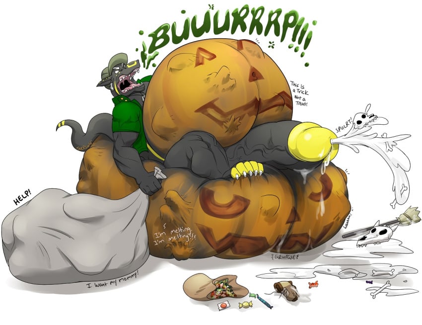 1boy 2015 age_difference ambiguous_prey anthro belly belly_button big_belly bloated bloated_belly body_paint bones broom burp burping candy candy_bag cock_vore commander_blackfire_(tankdragon) cub cum cumshot digested digestion dragon fat fat_belly funny gigantic glans gut halloween hyper male male_pred navel october oral_vore pumpkin pumpkin_balls pumpkin_belly shoe shoe_removed shot size_difference skull stomach takesu tankdragon yellow_glans