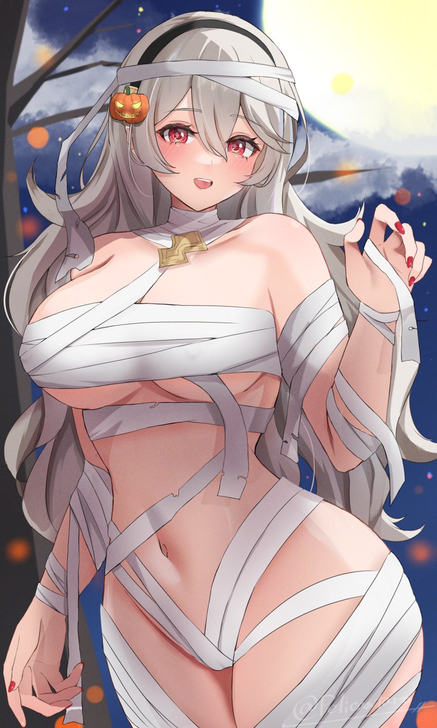 1girls 2020s 2024 absurdres artist_name bandage bandages bandages_only big_breasts blonde_hair blush breasts corrin_(fire_emblem) corrin_(fire_emblem)_(female) female female_only fire_emblem fire_emblem_fates hair_ornament hairband halloween highres jack-o'-lantern large_breasts light-skinned_female light_skin long_hair looking_at_viewer moon mummy mummy_costume nail_polish night nintendo open_mouth outdoors peli_cantaro pelicantaro pointy_ears pumpkin red_eyes solo solo_female watermark wide_hips