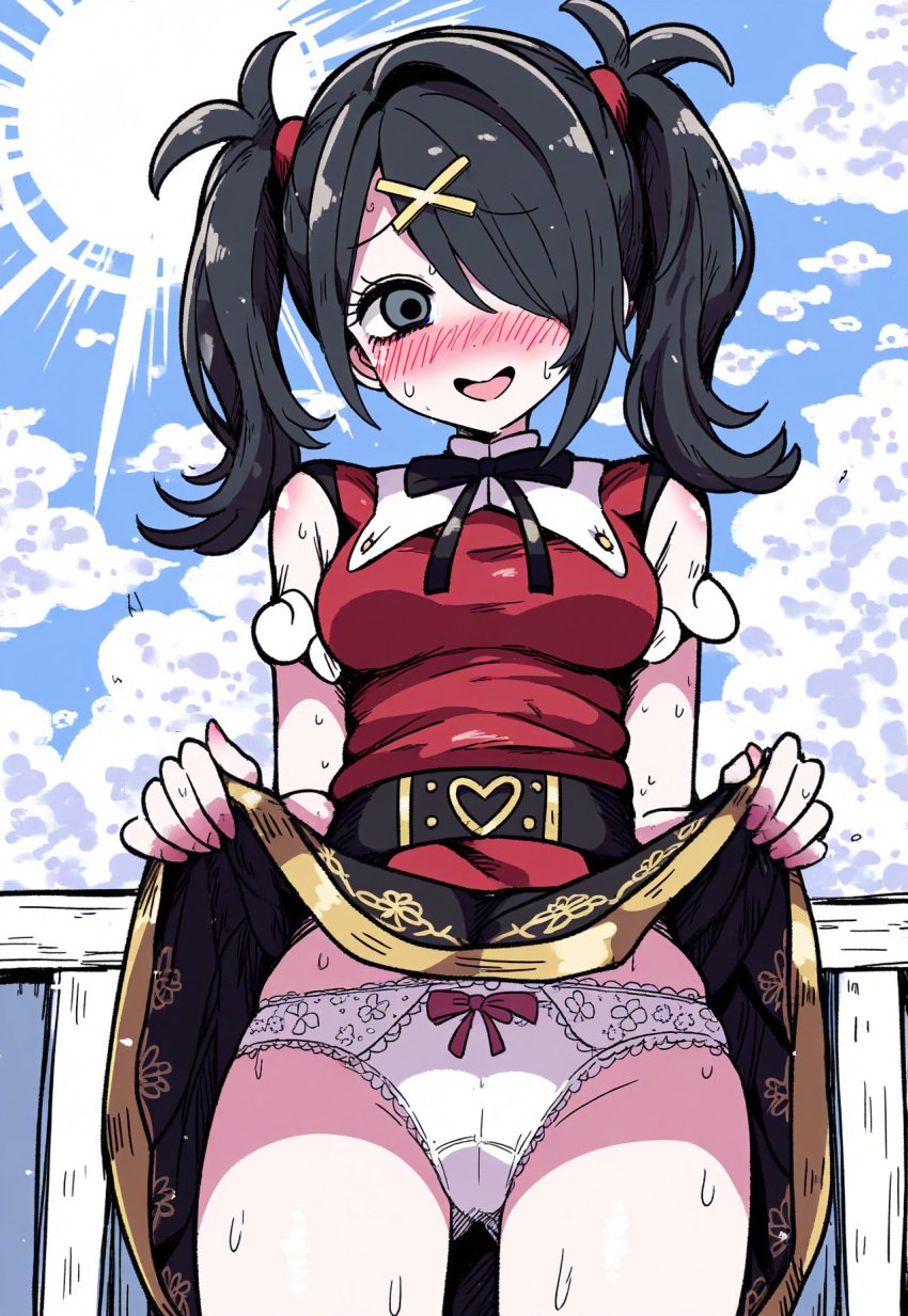 ai_generated ame-chan ass_visible_through_thighs bare_shoulders belt black_eyes black_hair blush bow_panties breasts cloud day dress dress_lift female grey_eyes hair_ornament hair_over_one_eye hairclip long_hair looking_at_viewer medium_breasts needy_girl_overdose nose_blush open_mouth outdoors panties red_dress skirt sky sleeveless smile solo sweat twintails underwear white_panties