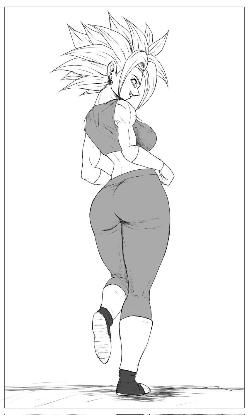 1girls ass big_ass big_breasts boots breasts dragon_ball dragon_ball_super earrings from_behind ivyneko kefla long_hair looking_at_viewer looking_back sketch sports_bra thick thick_thighs