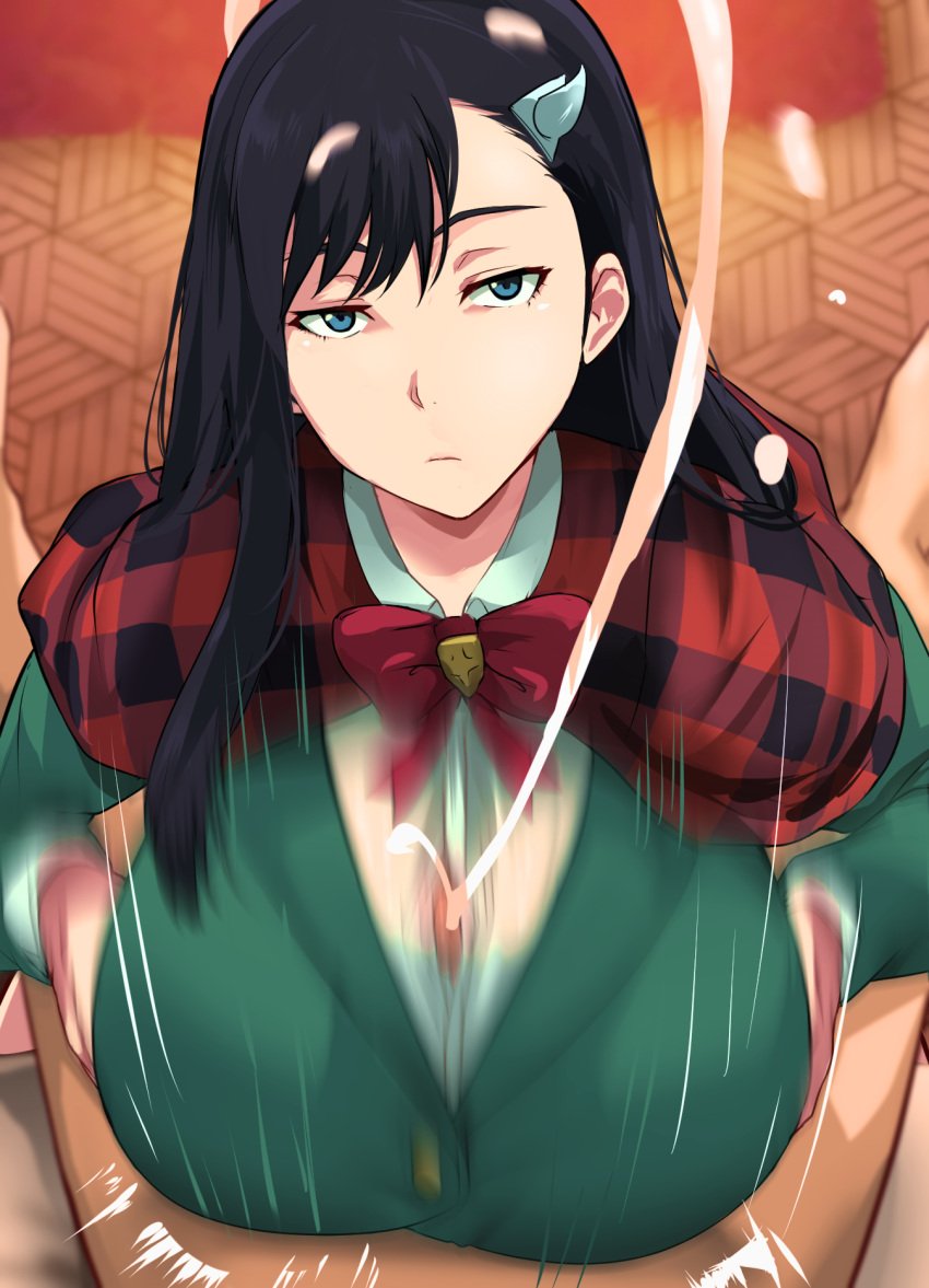 1boy 1girls alternate_breast_size big_breasts black_hair bleach blue_eyes bow bowtie breasts burn_the_witch cafekun closed_mouth clothed_female_nude_male cum cumshot emotionless emotionless_sex expressionless female green_jacket green_shirt hair_ornament hi_res highres huge_breasts jacket large_breasts light-skinned_female light-skinned_male light_skin long_hair long_sleeves looking_at_viewer motion_blur motion_lines noel_niihashi paizuri paizuri_lead_by_female paizuri_on_lap paizuri_under_clothes penis pov pov_eye_contact pov_paizuri projectile_cum red_bow red_bowtie shirt solo_focus straight