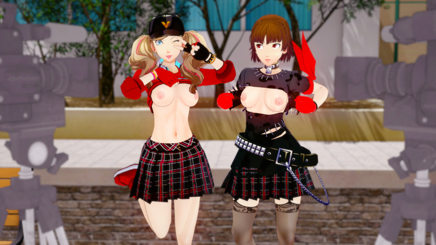 ann_takamaki atlus blonde_hair blue_eyes brown_hair camera fefreak726 koikatsu leggings looking_at_viewer looking_away makoto_niijima megami_tensei outside persona persona_5 persona_5:_dancing_star_night red_eyes shirt_lift shirt_open skirt tongue_out