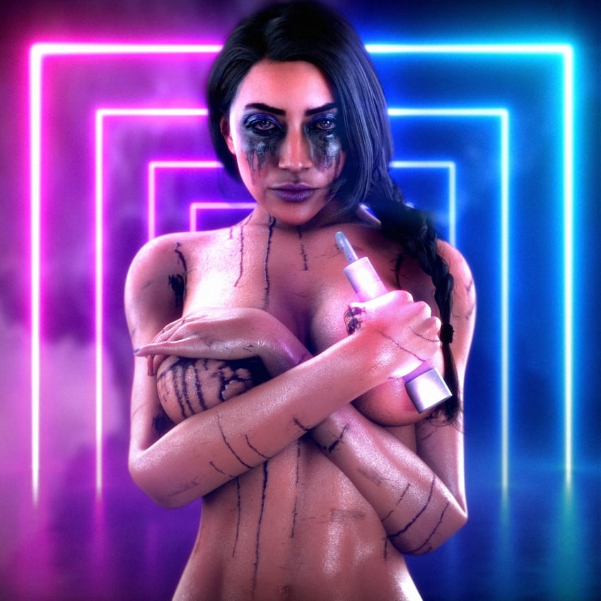 1girls big_breasts black_hair braided_hair breasts call_of_duty call_of_duty_modern_warfare_2_(2022) detailed_background flickytuts hand_on_breast lipstick looking_at_viewer makeup nail_polish naked nude roze_(cod) ruined_makeup solo_female