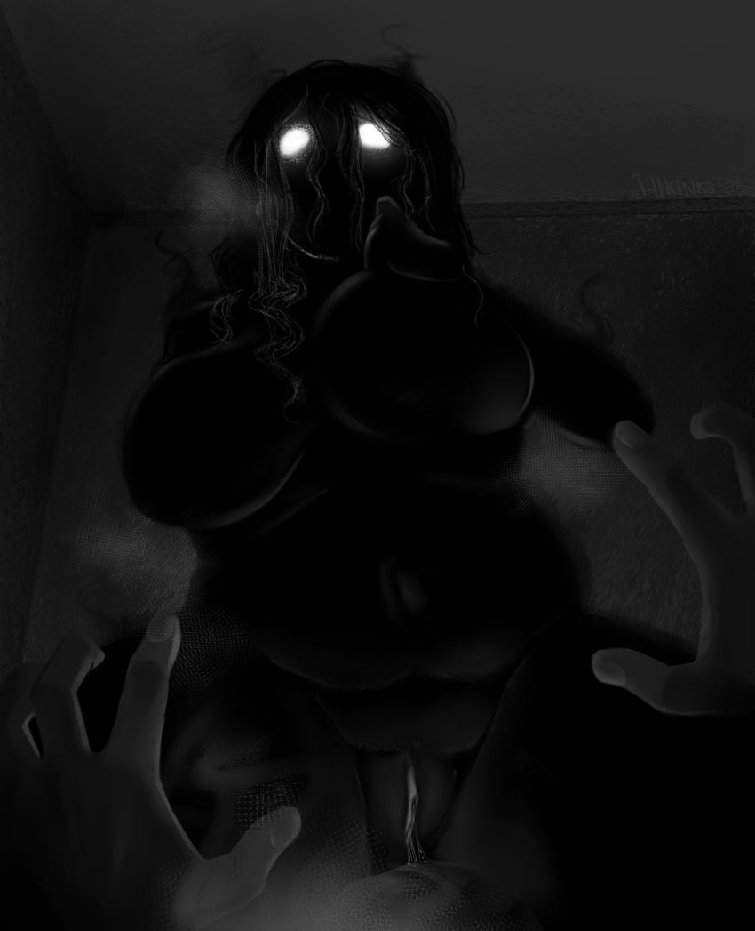 1boy 1girls 2021 belly_button big_breasts black_skin breasts curvy dark dark_room female hand_on_chin hikinks hourglass_figure looking_at_viewer looking_down male_pov messy_hair pov pussy shadow_people shining_eyes white_eyes