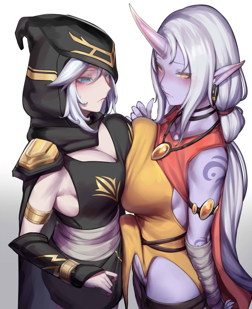 1futa 1girls ashe_(league_of_legends) big_breasts big_penis blue_eyes breast_press breast_squish breasts bulge cleavage clothed clothing dress duo ear_piercing ear_ring erection erection_under_clothes female fully_clothed futanari genitals hair hi_res hood horn horned_humanoid human humanoid humanoid_pointy_ears intersex intersex/female kumiko_(aleron) league_of_legends legwear light-skinned_female light_skin long_hair mammal mostly_clothed no_underwear not_furry pale_skin penis piercing ponytail purple_body purple_skin riot_games side_view soraka squish standing tattoo tenting thigh_highs video_games white_hair yellow_eyes