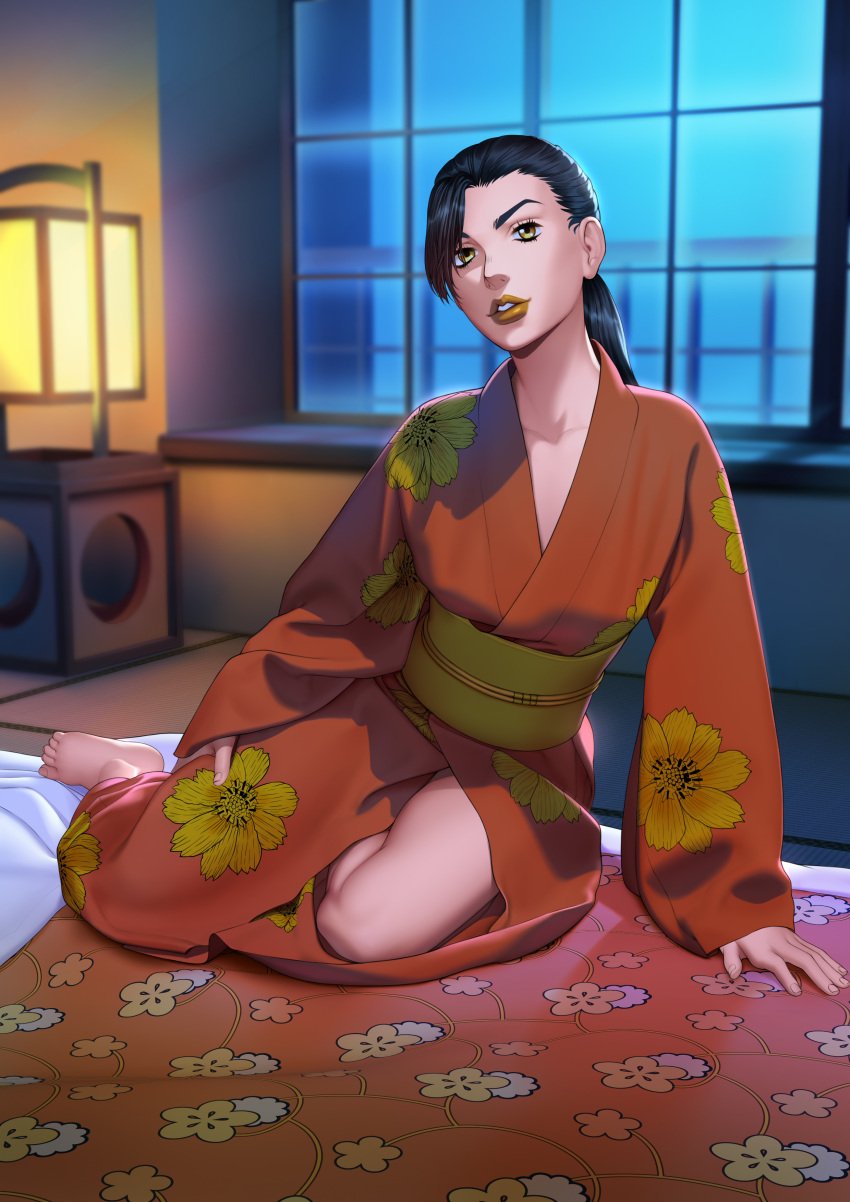 1girls black_hair female futon gold_eyes jojo's_bizarre_adventure lamp legendarysoulii long_hair looking_at_viewer rina_higashikata solo solo_female solo_focus steel_ball_run window yellow_lipstick yukata