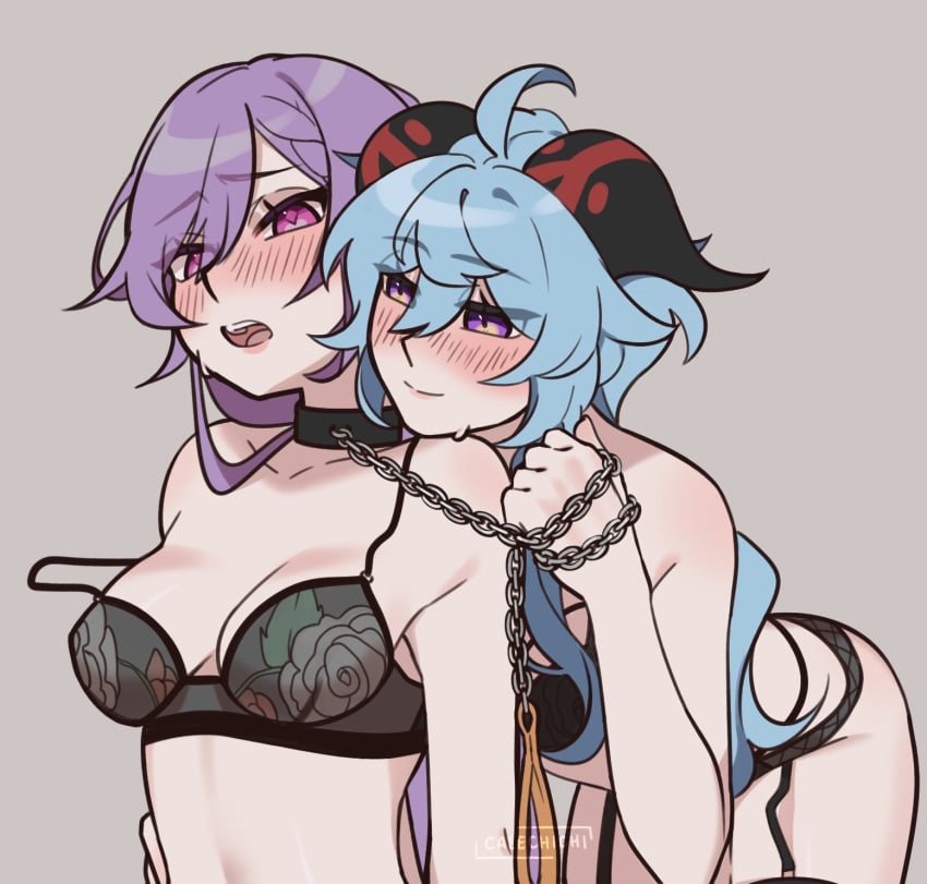 2girls adeptus blue_hair blush bra breasts calechichi chains collar dominant_female female female_only ganyu_(genshin_impact) genshin_impact horns keqing_(genshin_impact) lace leash leash_and_collar lesbian multiple_girls panties purple_eyes purple_hair qilin thick_thighs thighhighs thighs yuri