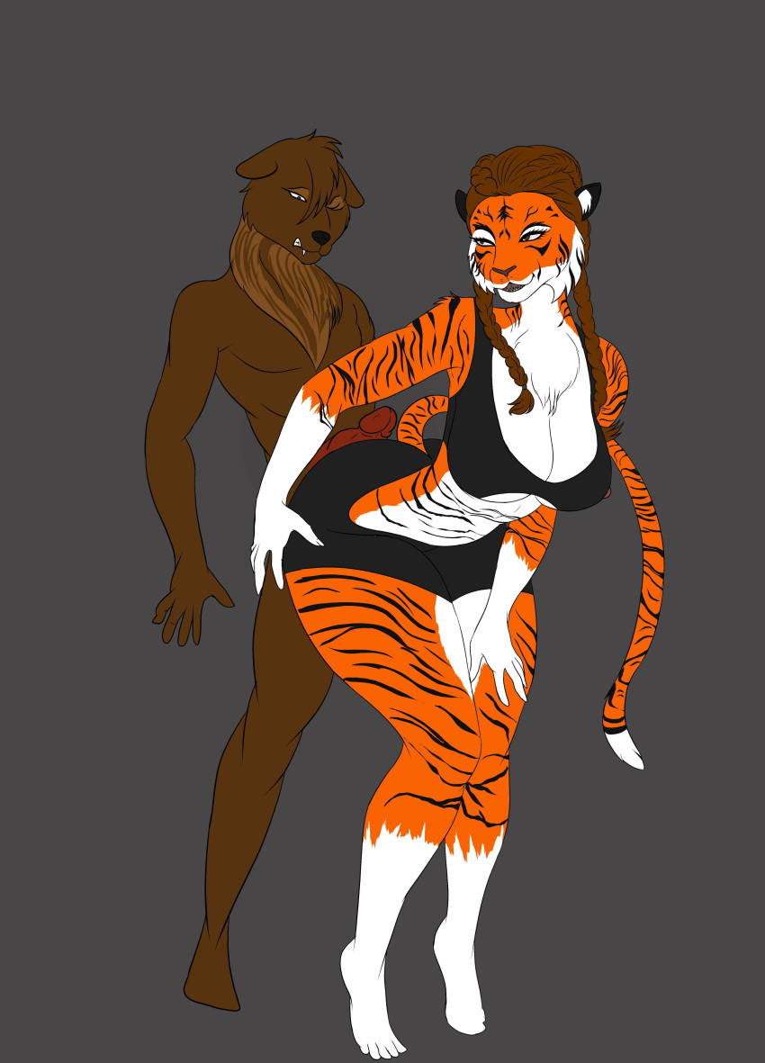 absurd_res anthro ass big_breasts big_butt big_penis breasts clothing duo felid female genitals hi_res hth_studios jasmine_st_joy_(hth) leggings legwear male male/female mammal pantherine panthra78 penis tiger ursid