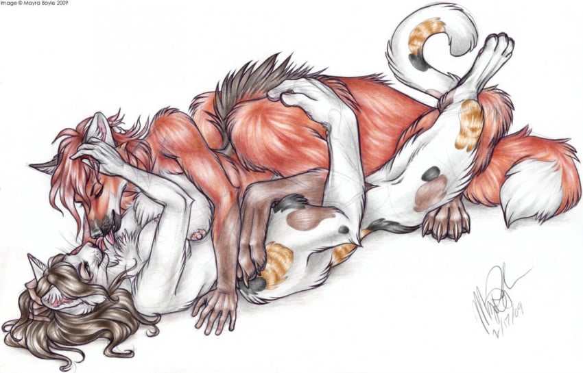 2009 breasts brown_hair canid canid_taur canine canine_taur chakat chakat_browneyes closed_eyes dipstick_tail duo felid felid_taur female female/female fox fox_taur fur hair mammal mammal_taur mayra_boyle multicolored_tail nipples orange_body orange_fur red_hair sex simple_background taur taur_on_taur tongue tongue_out whiskers white_background yuri