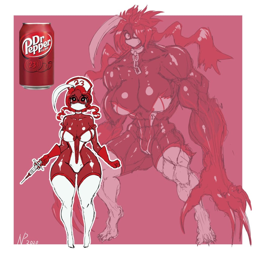 1girls afterimage angry big_breasts chain_leash chains choker claws collar doctor dr._pepper face_mask food_creature food_humanoid gausscannon glasses looking_at_viewer monster muscle_growth muscular_female nurse nurse_cap nurse_uniform personification red_hair red_skin soda_girl_(species) stockings syringe thick_thighs thighhighs toe_claws twintails white_highlights wide_hips