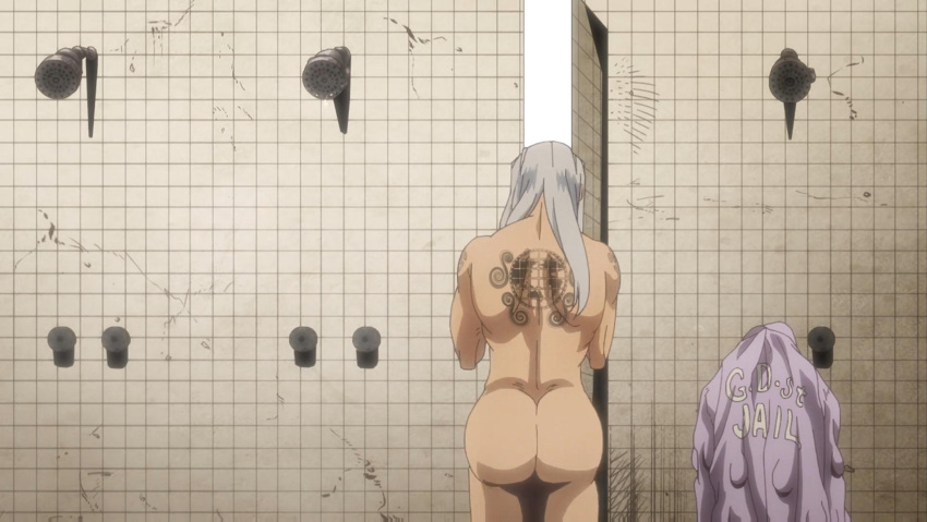 1boy ass back_turned big_ass bubble_ass huge_ass johngalli_a jojo's_bizarre_adventure long_hair male_only prison prison_uniform shower shower_head shower_room stone_ocean tattoo tattoo_on_back white_hair