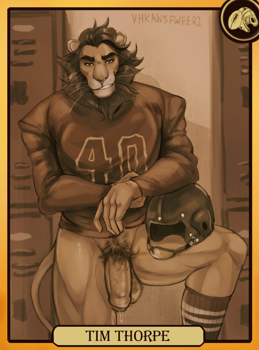 anthro balls big_penis blacksad bodily_fluids bottomless card character_name clothed clothing dripping eyebrows felid football_helmet football_uniform footwear foreskin genital_fluids genitals hair hi_res humanoid_genitalia humanoid_penis lion locker_room looking_at_viewer male male_only mammal mane mane_hair muscular muscular_anthro muscular_male pantherine partially_retracted_foreskin penis pinup pose precum precum_drip pubes smile smirk socks solo step_pose thick_eyebrows tim_thorpe trading_card uncut uniform vein veiny_penis vhkansfweer whiskers