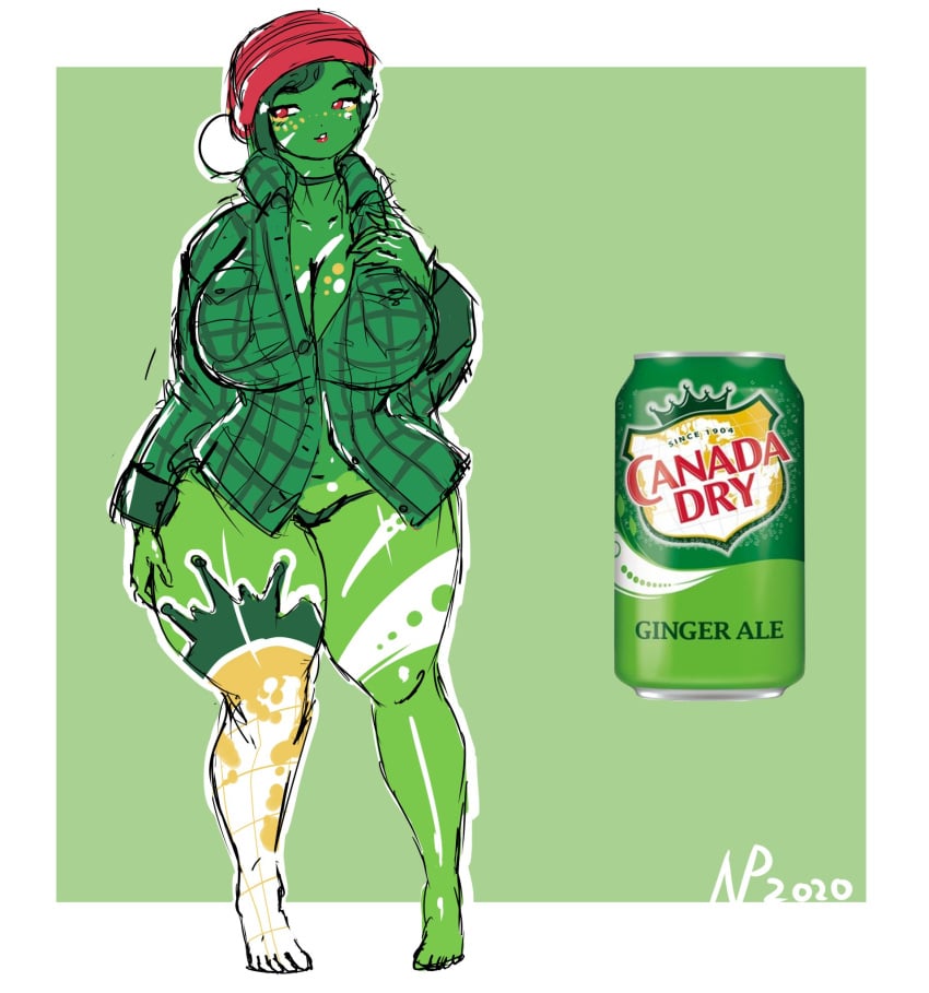 1girls anthro barefoot canada canada_dry choker food_creature food_humanoid gausscannon ginger green_panties green_skin huge_ass huge_breasts looking_at_viewer no_pants personification plaid_shirt soda soda_girl_(species) thick_thighs wide_hips winter_hat