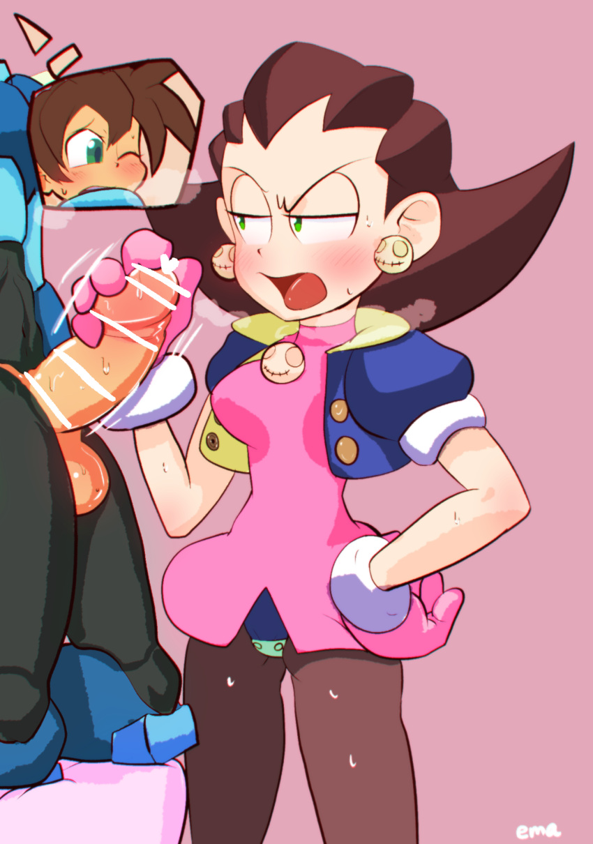 1boy 1girls blush capcom censor_bar clothed ema_npr handjob mega_man mega_man_legends mega_man_volnutt penis rockman rockman_dash sweat testicles tron_bonne