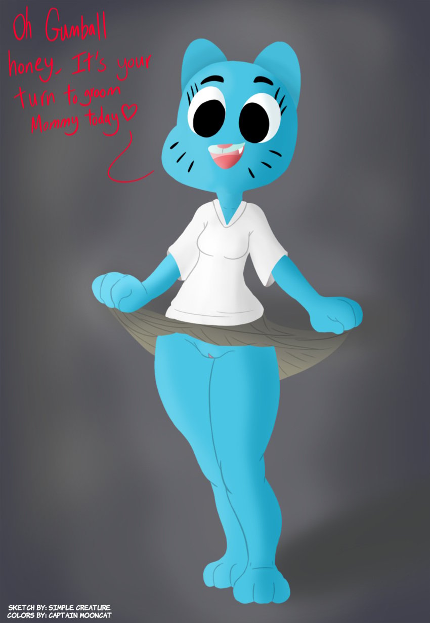 3_toes alternate_version_at_source anthro barefoot blue_body blue_fur bottomwear captain_mooncat cartoon_network clothed clothing clothing_lift colored dialogue domestic_cat english_text feet felid feline felis female female_focus fur genitals happy hi_res implied_incest incest mammal mature_anthro mature_female mostly_nude mother nicole_watterson no_underwear offscreen_character open_mouth parent pussy simple-creature skirt skirt_lift solo standing text the_amazing_world_of_gumball toes