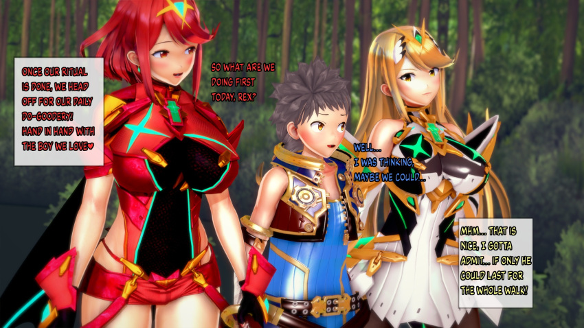 3d ahe_gao apron bed big_breasts blonde_hair breasts female happy happy_sex harem koikatsu love male manga mythra pyra red_eyes red_hair rex_(xenoblade) sex text threesome tongue v-kris xenoblade_(series) xenoblade_chronicles_2 yellow_eyes