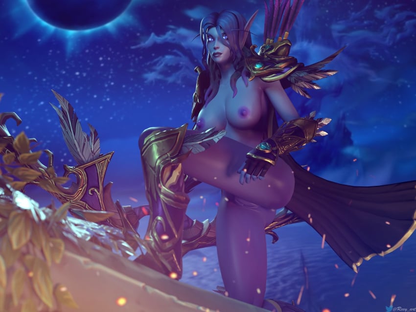 1girls 3d alliance_female ass blue_eyes blue_hair boots bow cloak dark-skinned_female elf female female_only hunter_(warcraft) legs moon moonlight mostly_nude nipples pose posing purple_skin pussy reey_art solo tentacle thighs vagina void_elf warcraft world_of_warcraft wow