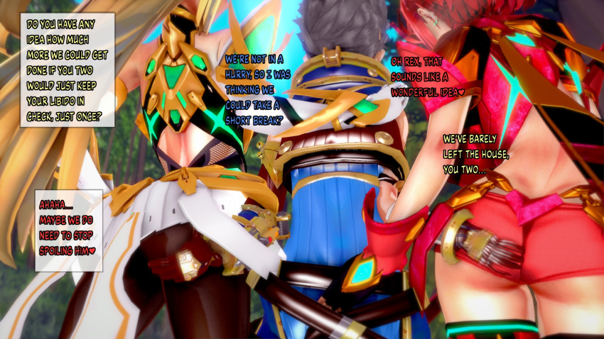 2girls 3d ahe_gao apron ass ass_grab bed big_breasts blonde_hair breasts female happy happy_sex harem koikatsu love male manga mythra pyra red_eyes red_hair rex_(xenoblade) sex text threesome tongue v-kris xenoblade_(series) xenoblade_chronicles_2 yellow_eyes