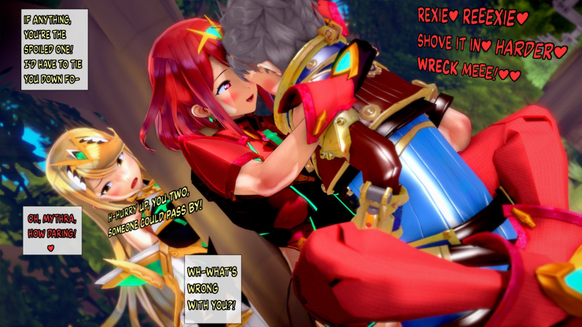 3d ahe_gao apron bed big_breasts blonde_hair breasts female happy happy_sex harem koikatsu love male manga mythra pyra red_eyes red_hair rex_(xenoblade) sex text threesome tongue v-kris xenoblade_(series) xenoblade_chronicles_2 yellow_eyes