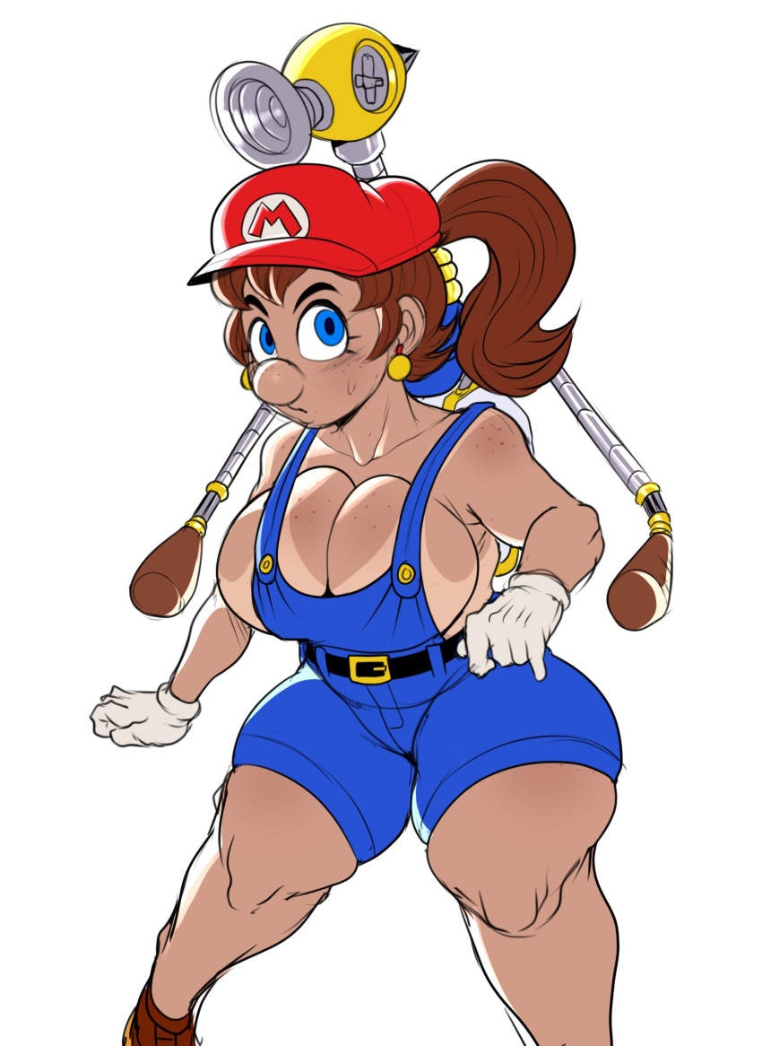 1girls big_breasts blue_eyes brown_hair detnox female fludd gloves gold_earrings large_breasts looking_at_viewer maria_(detnox) mariette mario mario_(series) new_super_mario_bros._u_deluxe no_bra overalls partially_clothed ponytail red_hat rule_63 super_mario_sunshine tanline tanned tanned_girl tanned_skin thick_thighs thighs tight_clothing white_background