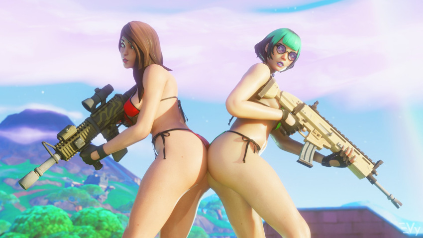 2girls 3d ass ass_focus ass_to_ass bikini blender bra breasts exposed fortnite glasses multicolored_hair outside ruby_(fortnite) sunny_(fortnite) tagme vulpeculy weapon