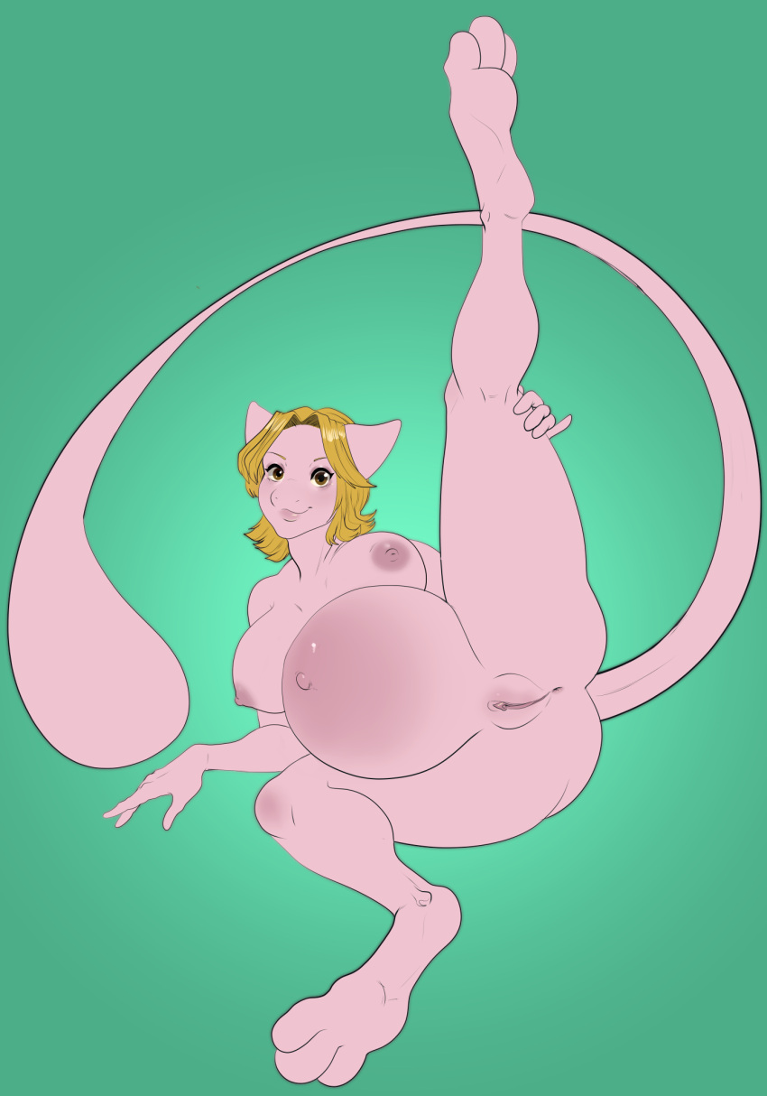 2021 3_toes 5_fingers amira_(swordfox) anthro anus areola belly belly_blush big_belly big_breasts blonde_hair breasts brown_eyes clitoral_hood clitoris feet felid feline female fingers fur genitals green_background hair hi_res holding_leg legendary_pokemon long_tail looking_at_viewer mammal mew navel nintendo nipples nude outie_navel pink_areola pink_body pink_fur pink_nipples pinup pinup_pose pokémon_(species) pokemon pokemon_(species) pokemorph pose pregnant pregnant_female pregoo presenting presenting_pussy pussy pussy_blush raised_leg short_snout simple_background snout solo stretching toes video_games