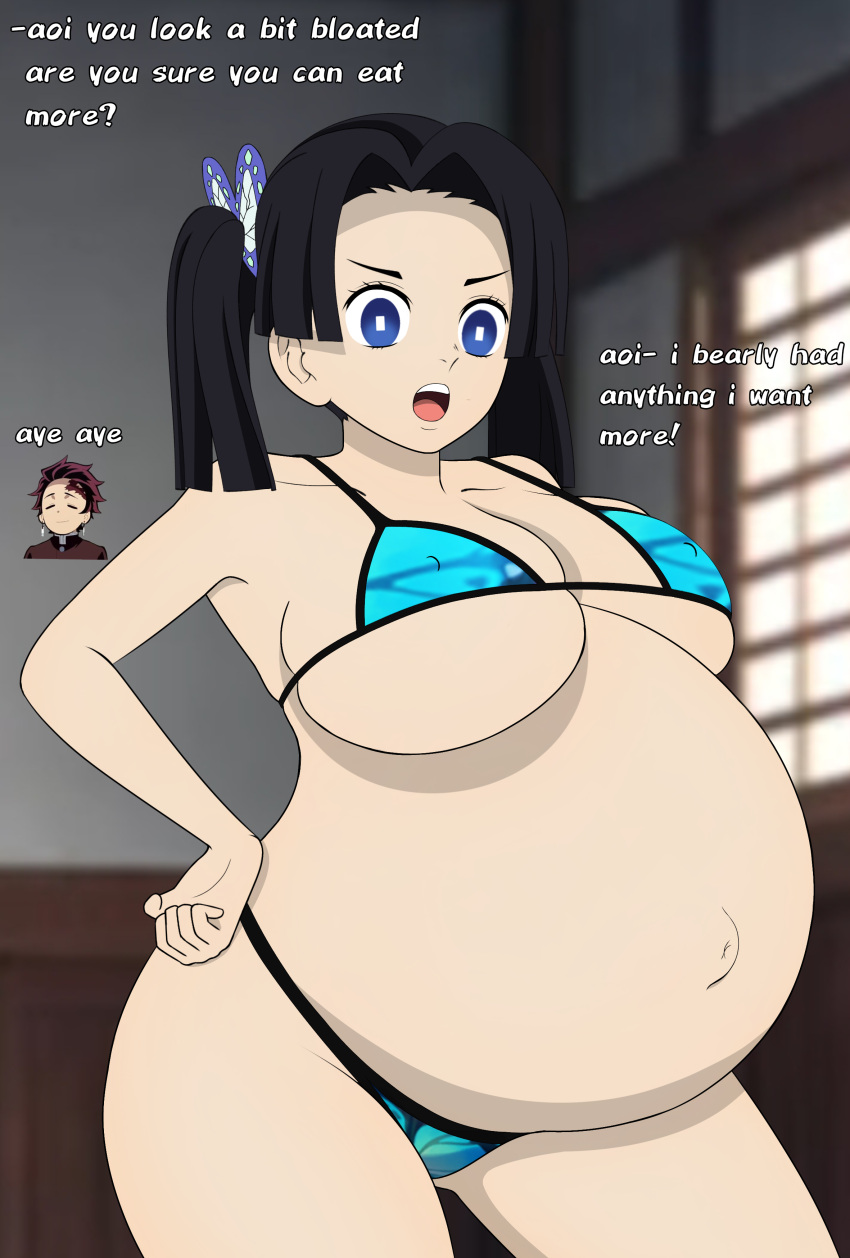 alternate_costume big_belly big_breasts bikini black_hair blue_bikini blue_eyes butterfly_hair_ornament demon_slayer dialogue english_text female female_focus hand_on_hip huge_belly inflation kamado_tanjirou kanzaki_aoi_(kimetsu_no_yaiba) kimetsu_no_yaiba nipple_bulge overflowing_breasts overweight ready_to_pop shab-eru solo_focus stuffing swimsuit thick_thighs twintails