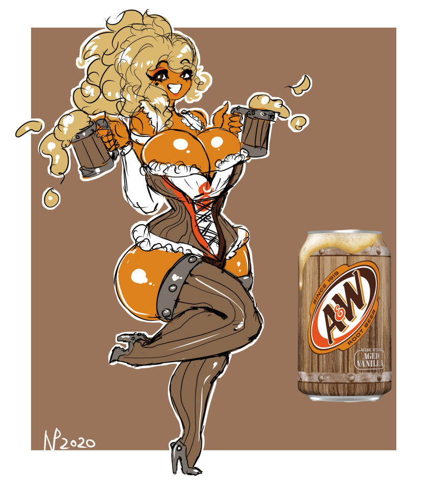 a&w a_and_w_root_beer anthro barmaid blonde_hair corset food_creature food_humanoid gausscannon heels huge_ass huge_breasts mug orange_skin root_beer smiling_at_viewer soda_girl_(species) stockings thick_thighs thigh_highs wide_hips