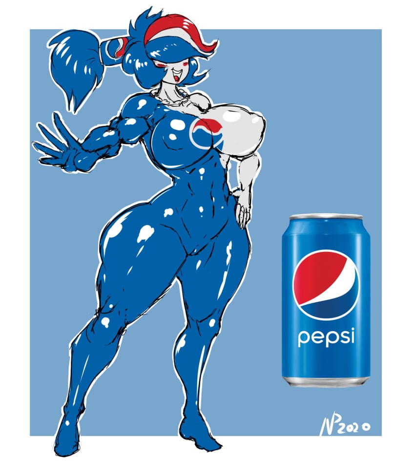 anthro bodysuit cameltoe chain_necklace female food_creature food_humanoid gausscannon huge_ass huge_breasts multicolored_hair pepsi pepsiwoman ponytail puffy_nipples smiling soda_girl_(species) thick_thighs wide_hips