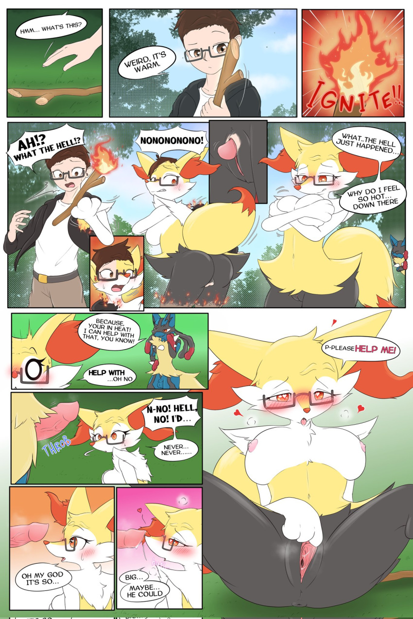 <3_eyes after_transformation anthro anus areola bedroom_eyes begging blush braixen breast_growth breasts colored comic dialogue eyewear eyewear_only female fire gender_transformation genitals glasses glasses_only growth hand_on_breast heart hi_res human in_heat looking_at_genitalia looking_at_penis lucario male mammal mid_transformation mtf_transformation naked narrowed_eyes nintendo nipples nude penis penis_shrinking pokemon pokemon_(species) pokemon_tf presenting presenting_penis pussy seductive species_transformation spread_legs spread_pussy spreading tail_growth transformation transformation_sequence video_games yuhokyattya