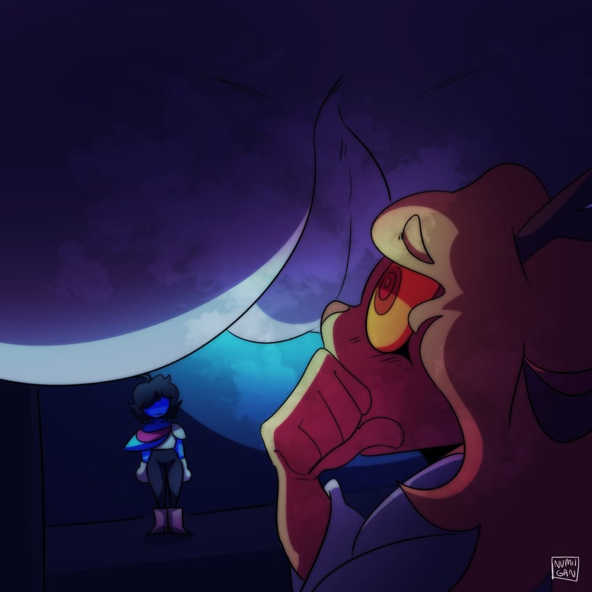 1other 2girls ambiguous_gender anthro ass big_ass deltarune deltarune_alley_scene deltarune_chapter_2 female furry kris_(deltarune) looking_at_ass moon noelle_holiday numiigan pussy queen_(deltarune) tagme