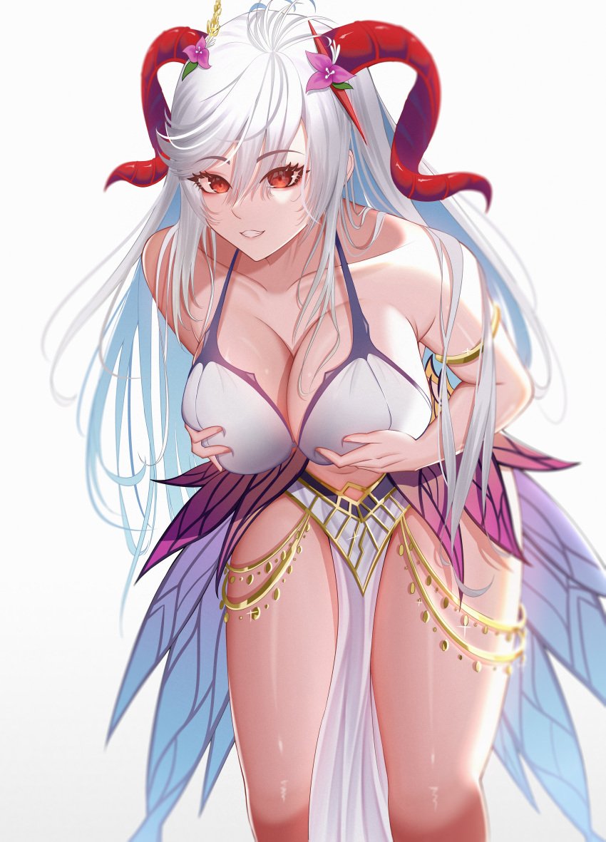 1girls absurdres alfa_(alpharig) alternate_costume areolae armlet bangs bare_legs bare_shoulders bikini bikini_lift bikini_top blue_hair breast_grab breast_hold breast_squeeze breasts cleavage clothes_lift collarbone colored_inner_hair commission curled_horns double_breast_grab female fire_emblem fire_emblem_heroes flower freyja_(fire_emblem) freyja_(summer)_(fire_emblem) goat_horns goddess grey_hair grin hair_ornament highres horns huge_breasts huge_filesize leaning_forward long_hair looking_at_viewer mega_milk multicolored_hair navel nintendo open_mouth pelvic_curtain red_eyes red_horns silver_hair smile solo swimsuit thighs white_background white_bikini white_hair white_swimsuit