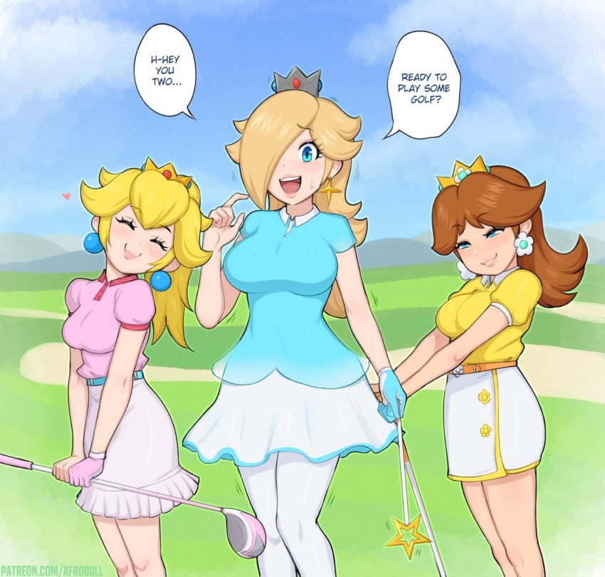 3girls afrobull alternate_breast_size big_breasts devious female_only hair_over_one_eye large_breasts leggings mario_(series) mario_golf medium_breasts nervous nervous_smile nervous_sweat nintendo princess_daisy princess_peach princess_rosalina size_difference skirt smile sweat