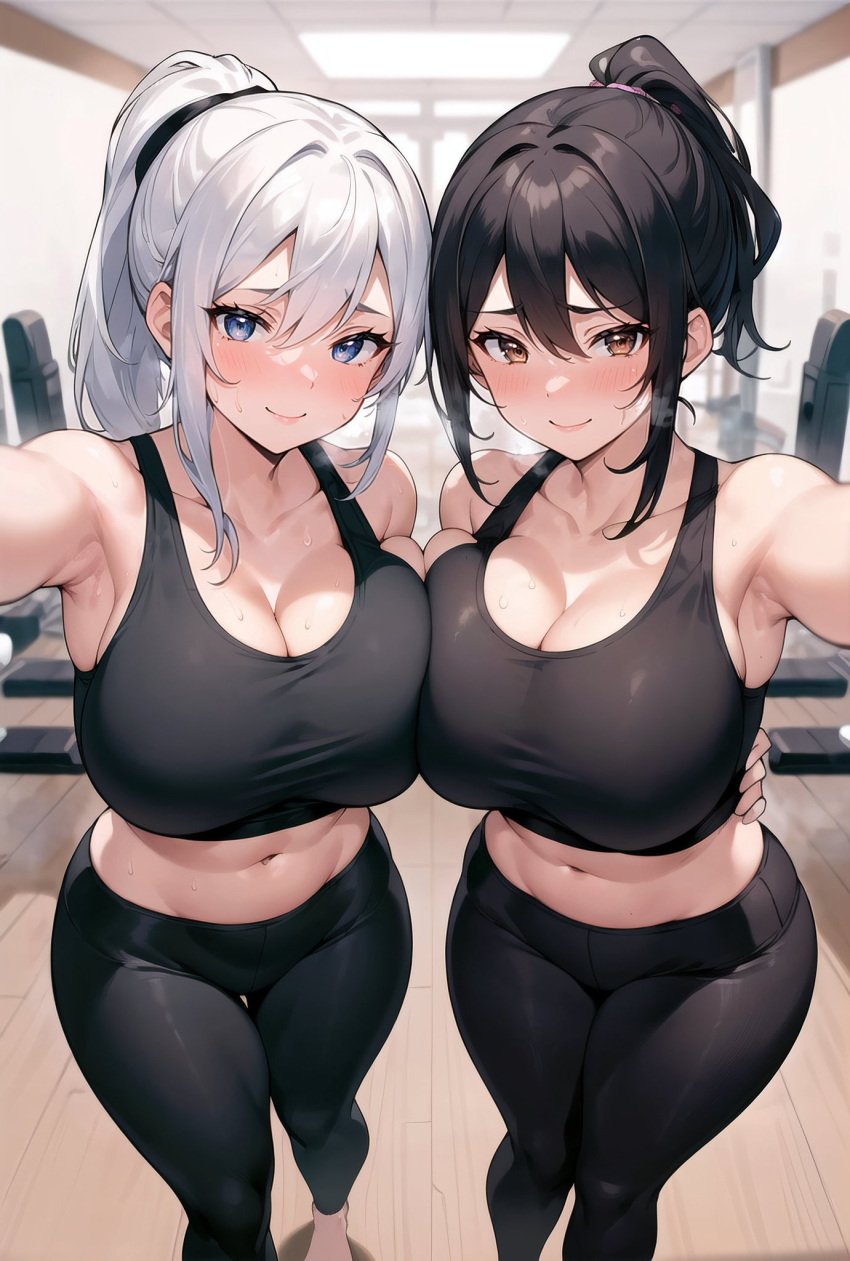 2023 2girls ai_generated black_hair curvaceous curvy curvy_body curvy_female female_only gym gym_uniform huge_breasts original original_character ponytail seductive_look stable_diffusion stuffyai voluptuous_female white_hair