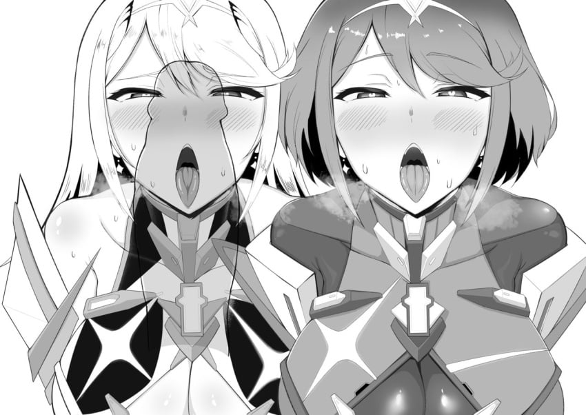 2girls armor bangs black_and_white blowjob_face blush breasts breath_cloud core_crystal crystal earrings exposed_shoulders female female_focus female_only gatyo_5 gem hair_ornament heart heart-shaped_pupils huge_breasts jewelry long_hair looking_at_viewer multiple_girls mythra nintendo penis_shadow pyra short_hair sweat sweatdrop swept_bangs tagme tiara tongue_out xenoblade_(series) xenoblade_chronicles_2