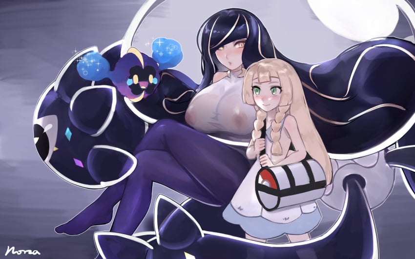 big_breasts black_hair black_legwear blonde_hair breasts cosmog evil_lusamine_(pokemon) game_freak green_eyes lillie_(pokemon) lusamine_(pokemon) milf mother_and_daughter mother_beast_lusamine nebby_(pokemon) nintendo nipples nipples_visible_through_clothing norza pokémon_(species) pokemon pokemon_(species) pokemon_sm see-through_clothing tagme wholesome yellow_eyes