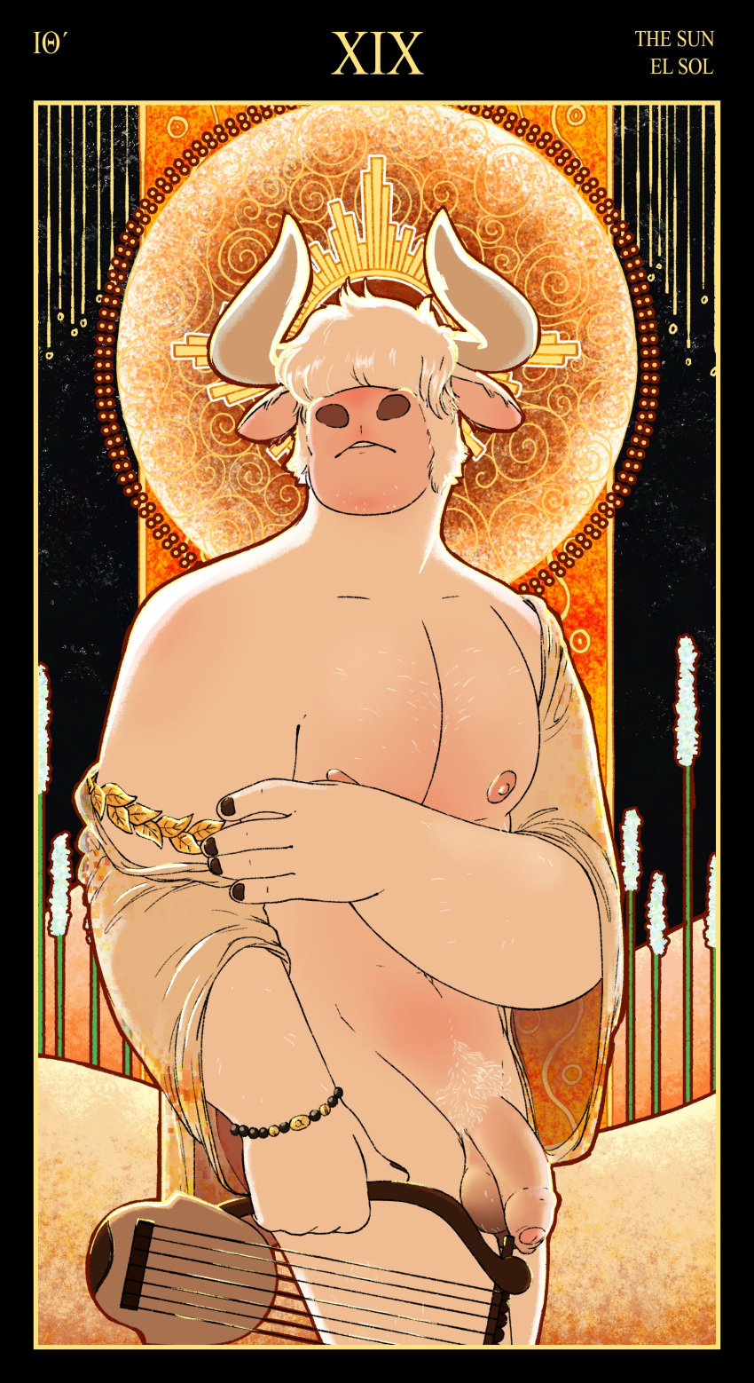 absurd_res anthro armband asterion_(minotaur_hotel) balls bovid bovine card clothing european_mythology foreskin genitals greek_mythology hair_over_eyes hi_res humanoid_genitalia humanoid_penis lyre male mammal minotaur minotaur_hotel muscular muscular_male musical_instrument mythology nardodraws nipples penis plucked_string_instrument solo string_instrument sun tarot tarot_card the_sun_(tarot) tunic uncut wristband