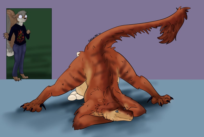 ambiguous_gender anthro ass_up birth bodily_fluids claws digital_media_(artwork) dinosaur dromaeosaurid egg egg_laying feathered_dinosaur feathers feral hi_res jack-o'_pose mammal naughtybirdart nude pose pregnant reptile rodent rubicon rubicon_(character) scalie sciurid simple_background solo spread_legs spreading theropod walk-in