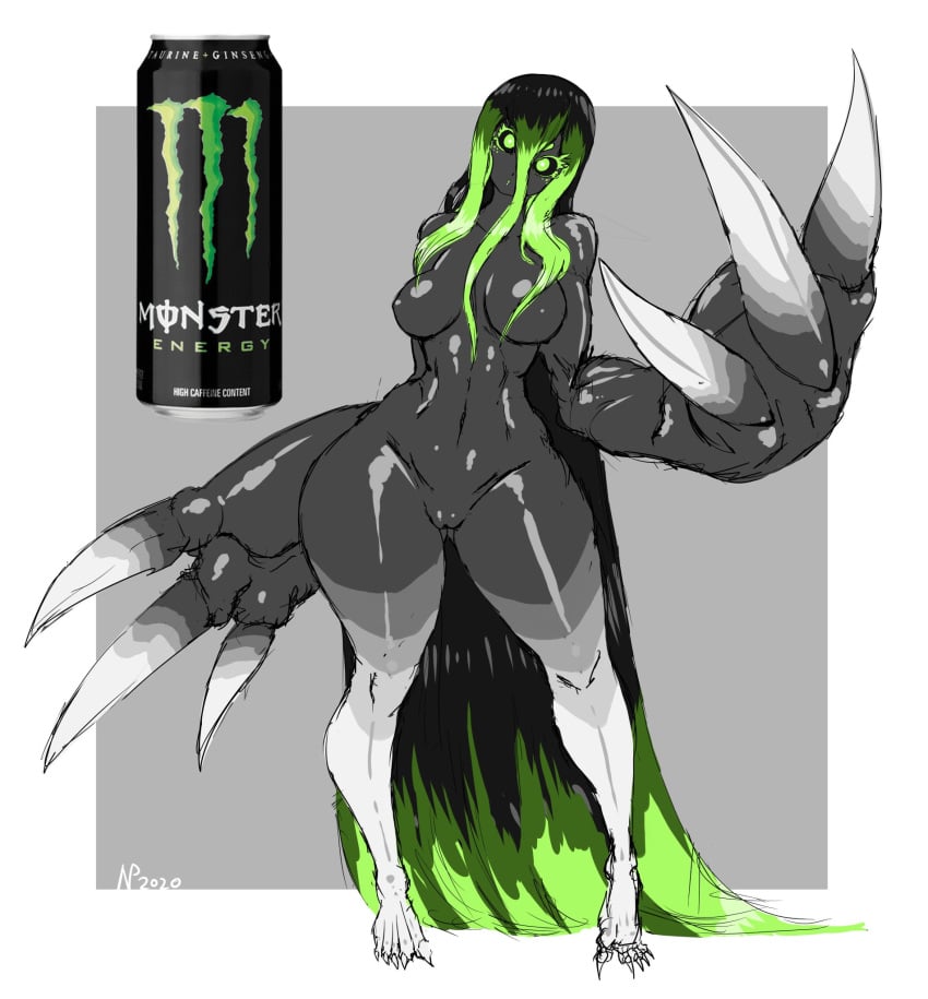 1girls anthro big_ass big_breasts big_claws big_hands black_sclera claws food_creature food_humanoid gausscannon green_eyes grey_skin hair_on_floor long_hair monster_energy monster_energy-chan monster_girl multicolored_hair naked personification soda_girl_(species) thick_thighs toe_claws wide_hips