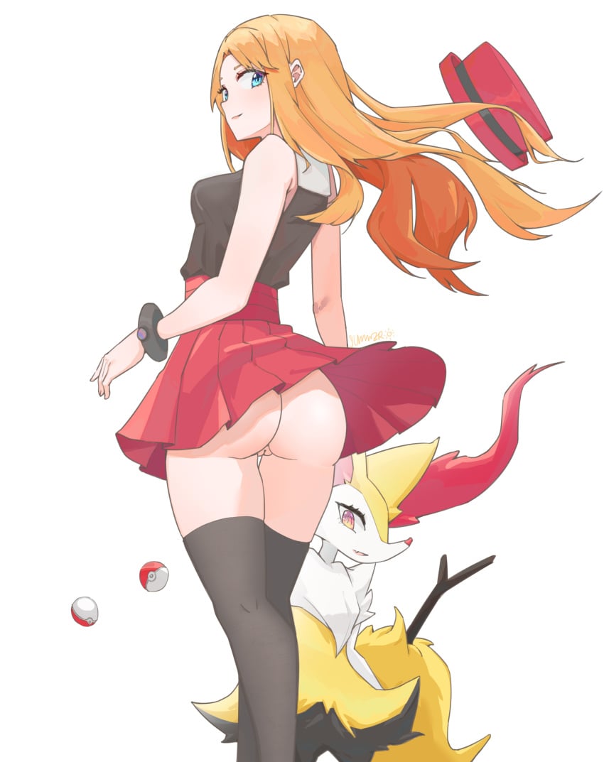 1girls absurd_res artist_request ass back bare_shoulders blonde_hair blue_eyes bottomless braixen breasts clothing edit exposed_shoulders female hat headwear hi_res large_ass legs legs_together long_hair long_legs looking_at_viewer miniskirt nintendo no_panties pokémon_(species) pokemon pokemon_(species) pokemon_xy pussy serena_(pokemon) serena_(pokemon_games) sideboob skirt thigh_gap thighhighs thighs upskirt wind wind_lift windy_skirt