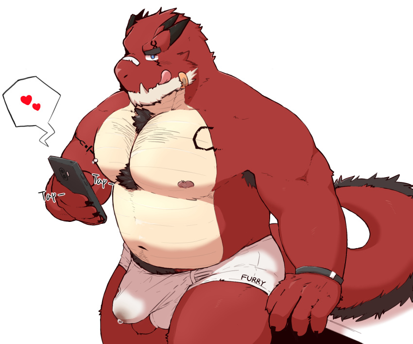 2021 anthro balls bara belly bodily_fluids bulge cellphone clothing genital_fluids genital_outline genitals hagom heart hi_res humanoid_hands kemono male male_focus male_only male_solo nipples penis_outline phone precum pubes red_body scalie slightly_chubby smartphone solo solo_male tongue tongue_out underwear