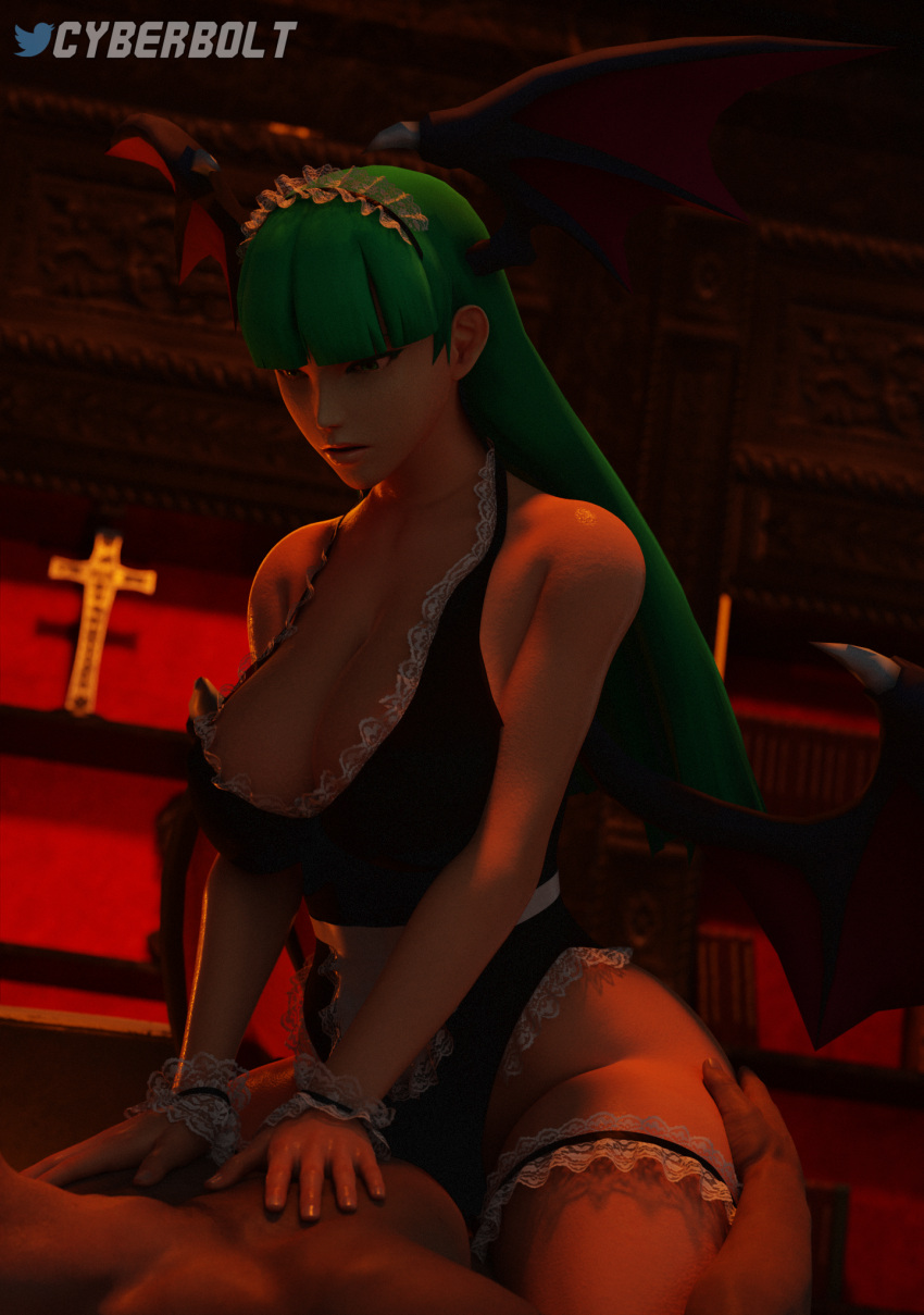 1boy1girl 3d clothed_sex clothing cowgirl_position cyberbolt darkstalkers girl_on_top large_breasts maid morrigan_aensland succubus