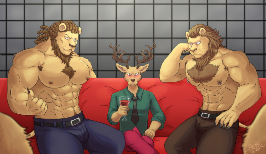 2021 abs absurd_res alcohol anthro antlers armpit_hair barazoku beastars belt beverage big_muscles blush body_hair bottomwear cervid chest_hair claws clothed clothing denim denim_clothing dolph_(beastars) dreadlocks dress_shirt erection erection_under_clothing felid flustered furniture group hair happy_trail hi_res holding_glass holding_object horn inside jabuhusky jeans lion looking_at_another louis_(beastars) male male_only mammal mane miguel_(beastars) muscular muscular_anthro muscular_male narrowed_eyes navel necktie nipple_piercing nipple_ring nipples obliques on_sofa pantherine pants pecs piercing pubes shirt sitting size_difference sofa tenting topless topless_male topwear trio_focus wine wine_glass