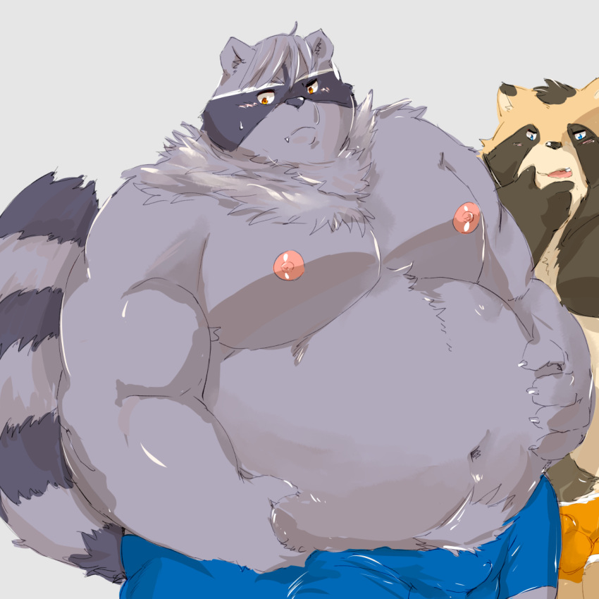 1:1 2021 anthro balls_outline bara belly blush brown_body brown_fur bulge canid canine clothing duo fur furry genital_outline grey_body grey_fur hi_res humanoid_hands kemono male male/male mammal moobs nipples obese obese_male overweight overweight_male penis_outline procyonid raccoon raccoon_dog tanuki underwear yuuya333